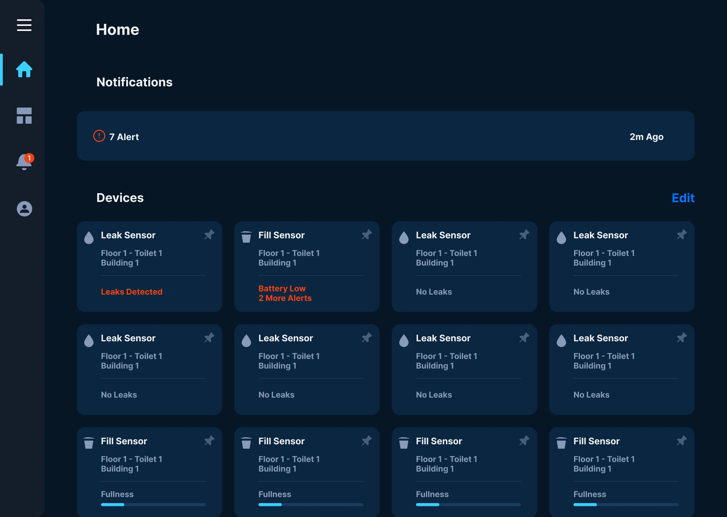 Wove Tech dashboard showing active alerts and device cards for leak sensors and fill sensors across a building.