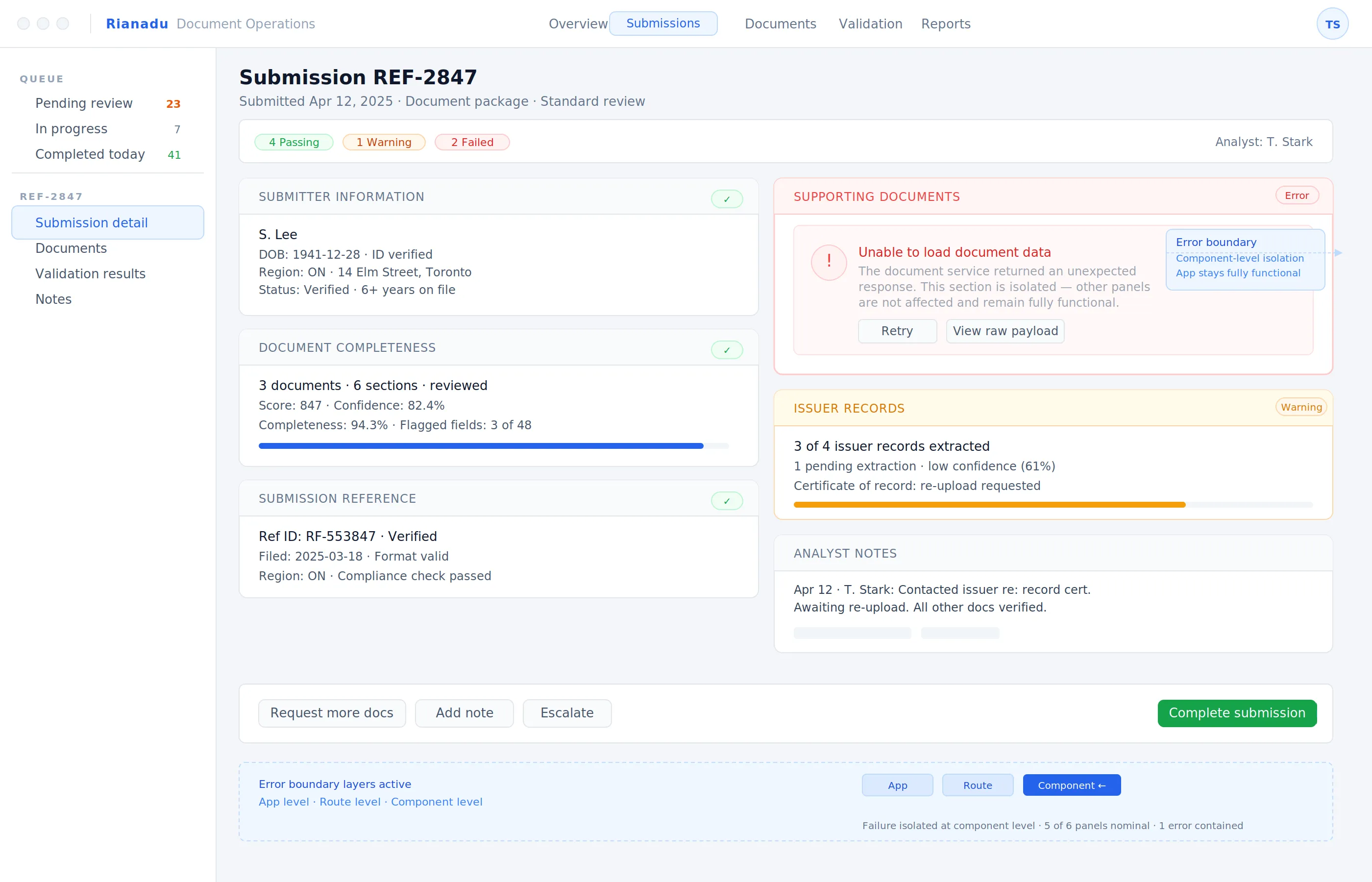 Submission detail screen where a supporting documents panel is isolated by a component-level error boundary, while the workflow remains fully functional.