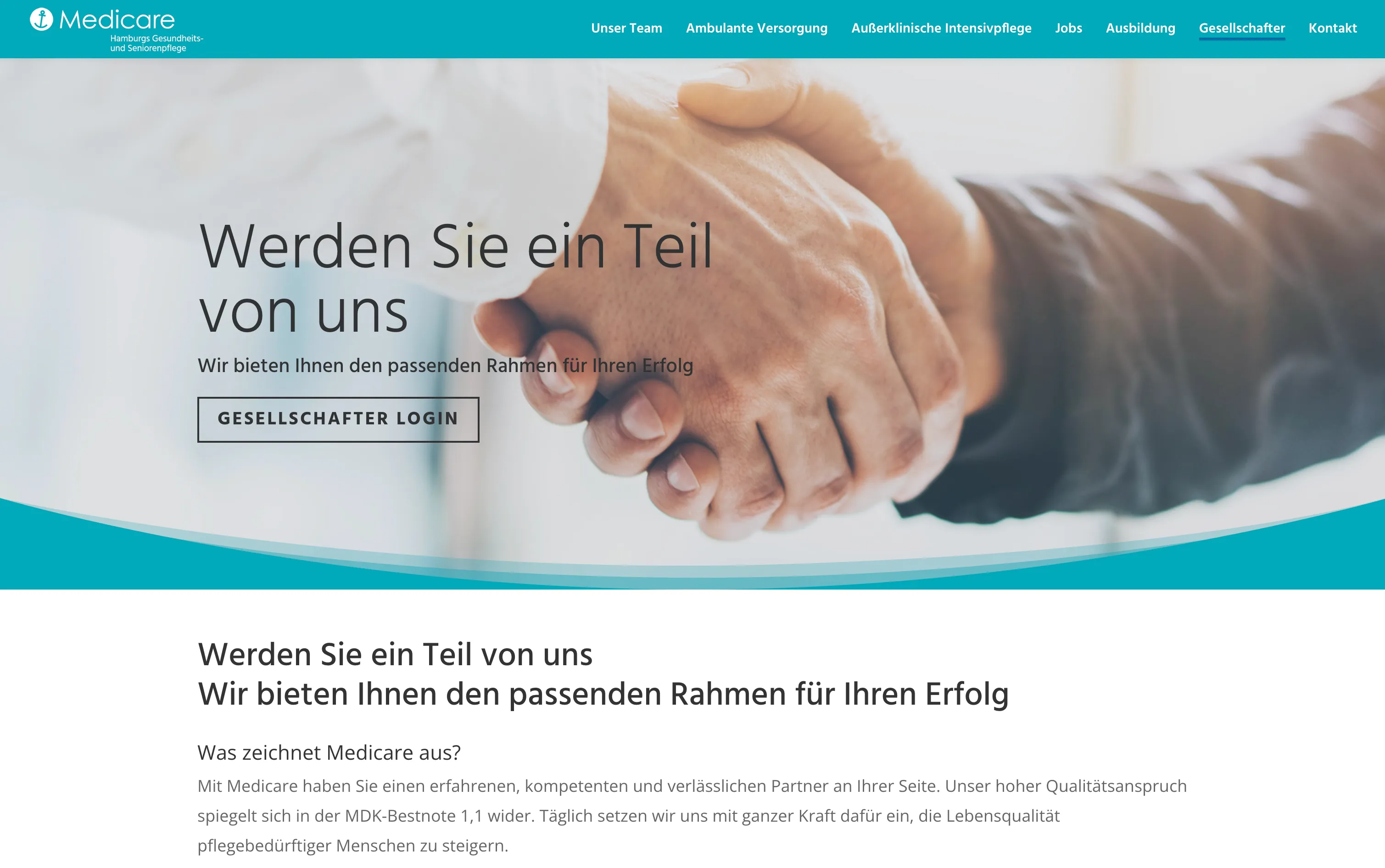 Shareholder portal landing page with a large hero image, navigation, and a call-to-action for the shareholder login.