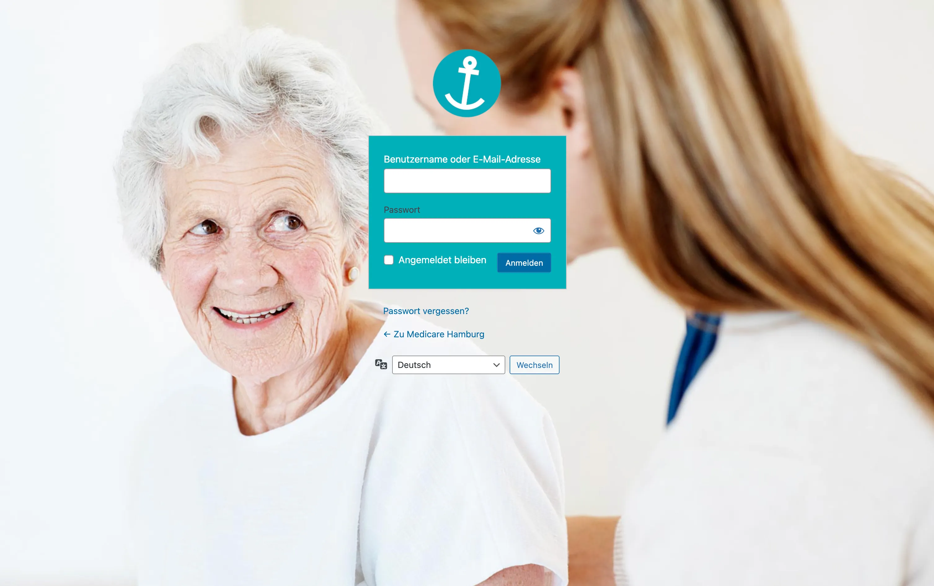 Custom shareholder login screen with username and password fields over a Medicare Hamburg care-themed background image.