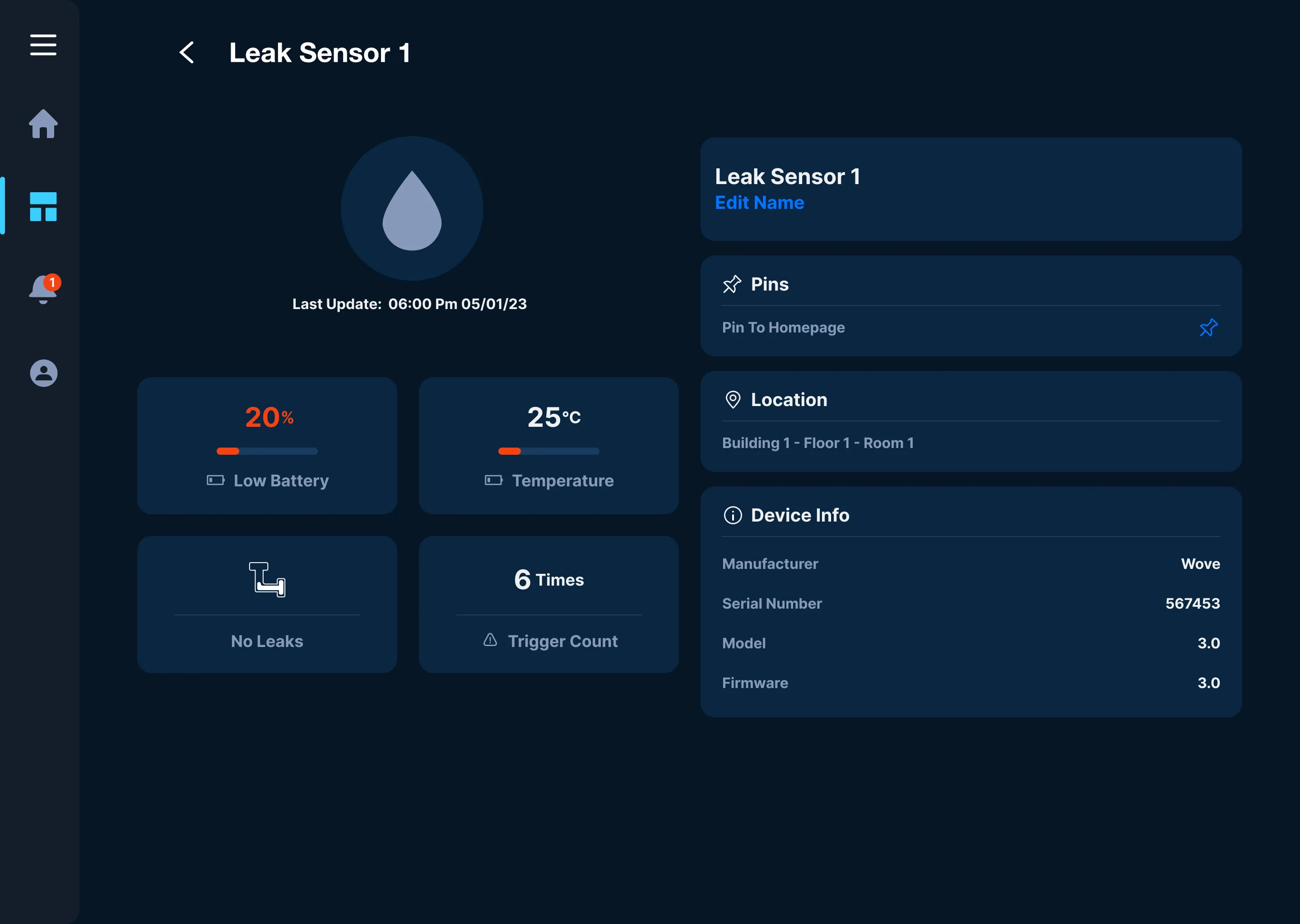 Leak sensor detail screen showing last update time, battery level, temperature, leak status, location, and device information.
