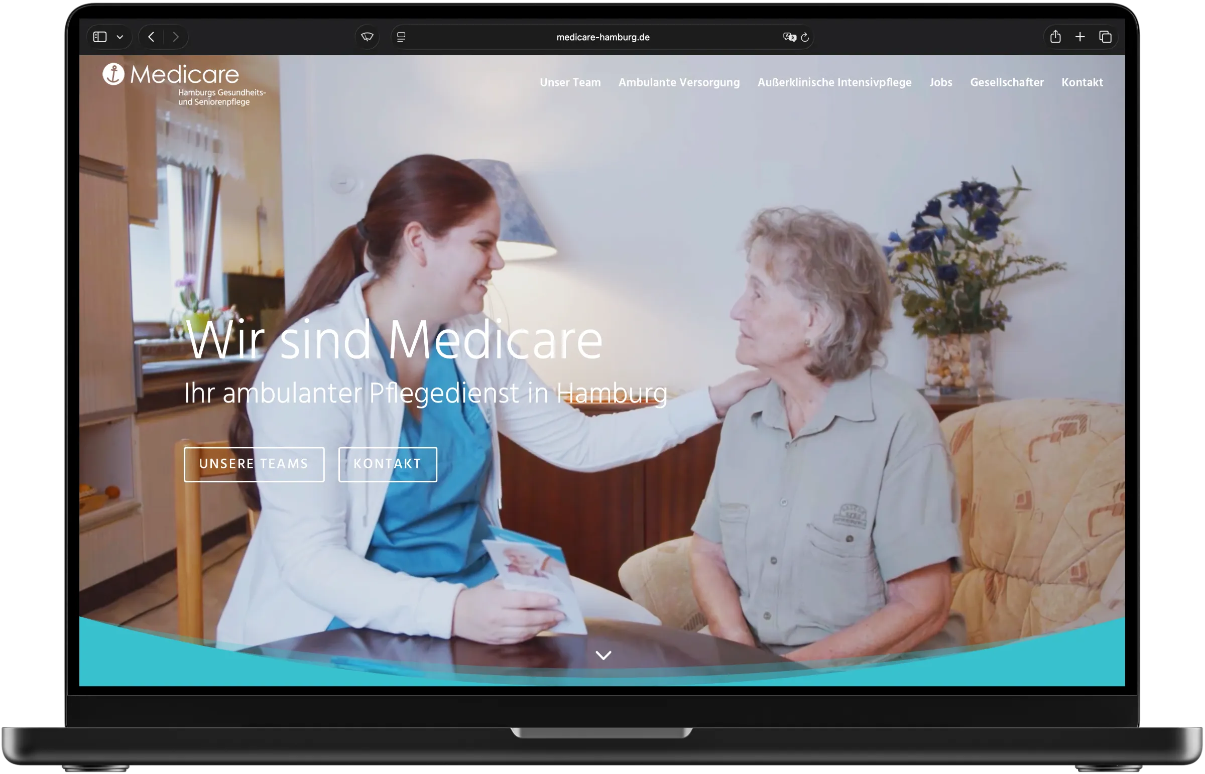 Medicare Hamburg homepage shown in a laptop mockup with a caregiver and patient in the hero section.