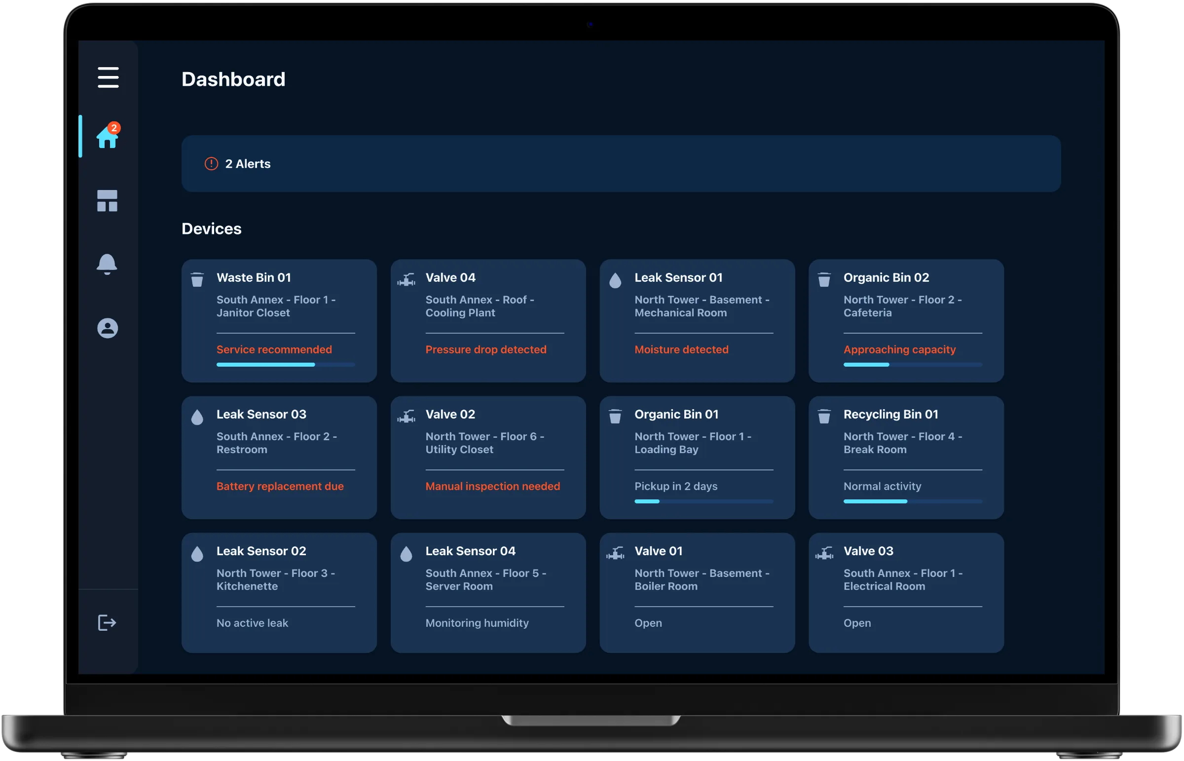 Wove Tech dashboard shown in a laptop mockup with device cards and active IoT alerts.